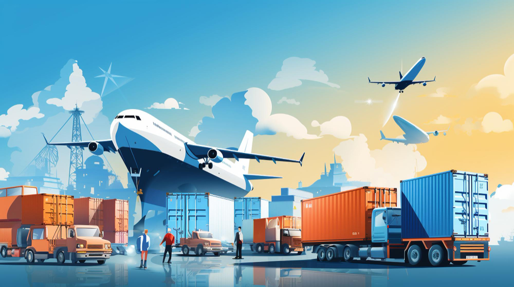 Trucks, pickups, planes and ships delivering freight